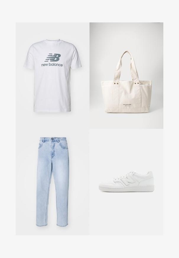 White cotton t-shirt featuring a gray "NB" logo and "new balance" text, short sleeves, classic crew neck design, smooth texture.; Light blue denim jeans with a straight cut, featuring a button closure, side pockets, and a clean hemline without embellishments.; White sneaker made of smooth leather, featuring perforated toe, a textured rubber sole, flat laces, and a prominent 'N' logo on the side.; Canvas tote bag in light beige with two sturdy handles, contrasting white trim, and logo "THE NORTH FACE" in black at the front.