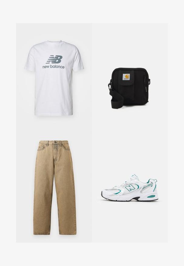 Balta kokvilnas t-kreklu ar pelēku "NB" logo un "new balance" tekstu, īsām piedurknēm, klasiskā apaļā kakla dizainā, gluda tekstūra.; Riekstu krāsas džinsi ar taisnu kāju dizainu, ar rāvējslēdzēju, jostas cilpiņām un kontrastējošām šuvēm. Nav ievērojamu rakstu vai detaļu.; Baltās sporta kurpes ar sietveida un sintētiskām paneļiem, tirkīza akcentiem, noapaļota purngala daļa, auklu aizdare priekšpusē un melna gumijas zole.; Melna plecu soma ar rāvējslēdzēja galveno nodalījumu, priekšējo kabatu, regulējamu siksnu un redzamu logotipa tagu uz vāka.