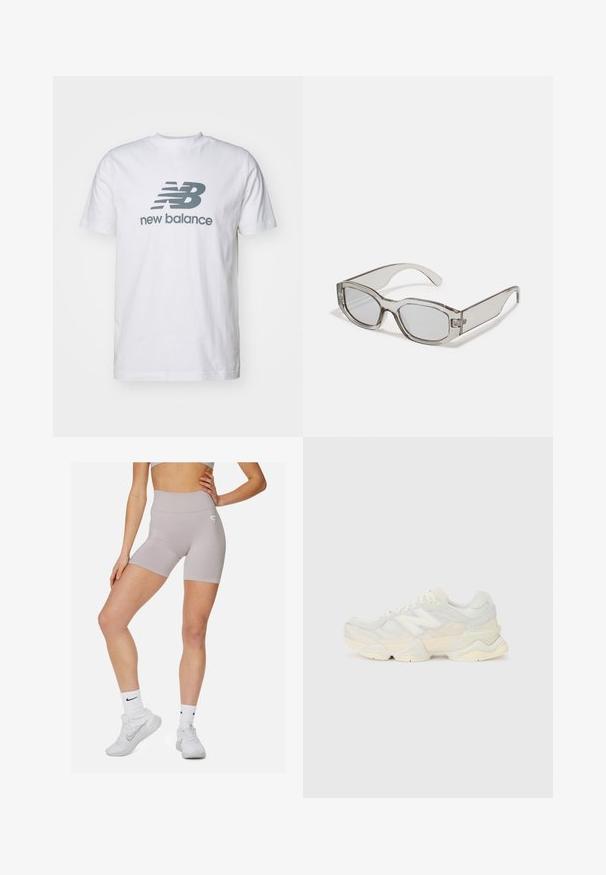 Bílý bavlněný tričko s šedým logem "NB" a textem "new balance", krátké rukávy, klasický design s kruhovým výstřihem, hladká textura.; Světle šedé šortky s vysokým pasem, hladkou texturou a jemným gradientním vzorem. Na boku se nachází malé logo.; Lehká sneakerka s vrchní částí z prodyšné síťoviny a semiše v jemných krémových tónech, s masivní podrážkou a trojrozměrnými akcenty.; Šedé průhledné sluneční brýle s obdélníkovým tvarem, plochými skly a silnými stranami. Obsahují jemný detail závěsu na stranách.