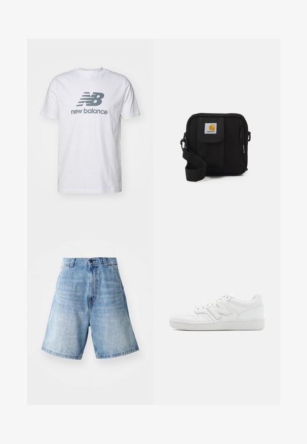 Hvit bomulls t-skjorte med grå "NB"-logo og "new balance"-tekst, korte ermer, klassisk rund hals-design, jevn tekstur.; Lys blå denimshorts med en avslappet passform, høy midje, fem lommer og synlige sømdetaljer.; Hvit sneakers laget av glatt lær, med perforert tå, en teksturert gummisåle, flate lisser og en fremtredende 'N' logo på siden.; Svart crossover-veske med en glidelåslukking hovedrom, frontlomme, justerbar stropp og et synlig logo-patch på klaffen.