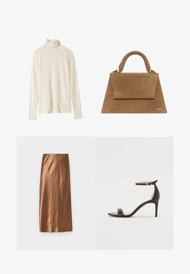 Sudadera de cuello alto en color beige, de manga larga, fabricada en una tela suave, con un corte holgado, una sutil textura y sin patrones ni acentos visibles.; Falda midi marrón hecha de un tejido texturizado y brillante, con una cinturilla suave. Presenta un corte recto con un acabado arrugado sutil.; Sándalo de tacón alto de piel negra con tiras en el tobillo. Presenta una textura suave, puntera abierta y un tacón delgado. Detalles de hebilla en tono dorado.; Bolso de ante marrón con forma triangular estructurada, un asa superior y cierre de solapa. Presenta un sutil detalle del logo en el lateral.