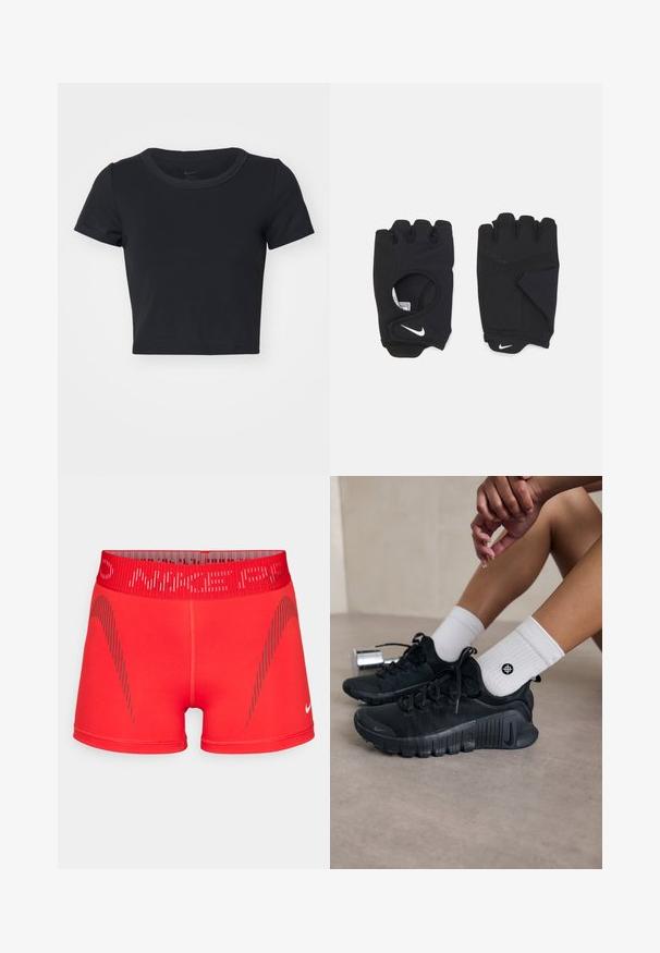 Czarny krótki t-shirt wykonany z miękkiego, elastycznego materiału. Posiada okrągły dekolt i krótkie rękawy z prostym wzorem.; Czerwone spodenki sportowe z dopasowanym krojem, elastycznym pasem w talii i szarymi ukośnymi paskami. Wykonane z elastycznego, gładkiego materiału.; Czarne buty sportowe z teksturowanej tkaniny, z warkoczowym wzorem i wyraźną podeszwą, w zestawie z białymi skarpetami prążkowanymi z małym logo.; Czarne bezpalcowe rękawice wykonane z elastycznego materiału, z otwartą dłonią, akcentami chwytu i białym logo Nike.