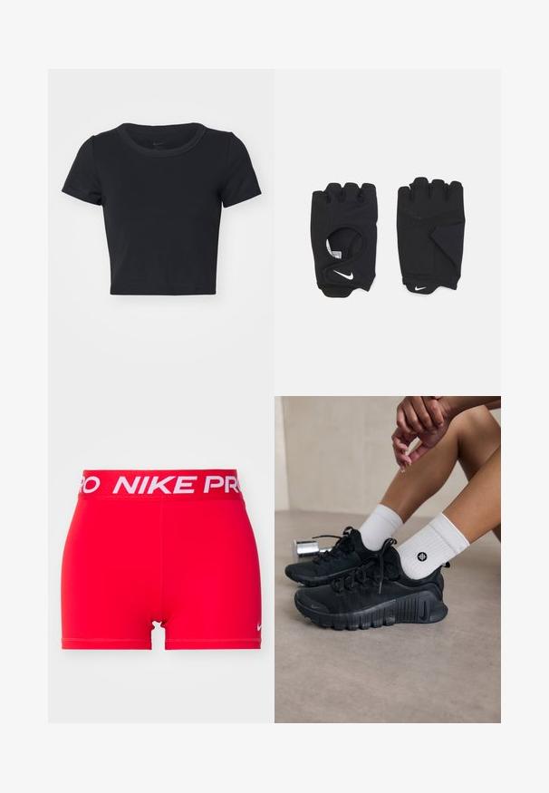 T-shirt nera corta realizzata in tessuto morbido ed elastico. Presenta un collo rotondo e maniche corte con un design semplice.; Pantaloni sportivi rossi con una cintura bianca con logo "NIKE PRO". Il tessuto è liscio ed elastico, progettato per comfort e mobilità.; Scarpe da ginnastica nere con tessuto texturizzato, design con lacci e suola prominente, abbinate a calze bianche a coste con un piccolo logo.; Guanti neri senza dita realizzati in materiale elastico, con un design per il palmo aperto, dettagli antiscivolo e il logo Nike in bianco.