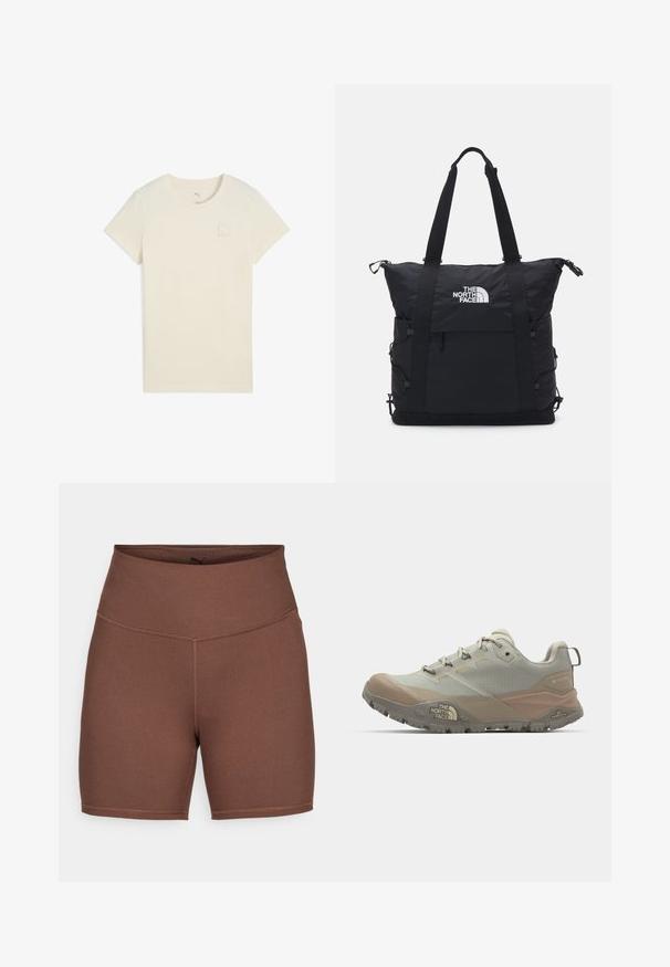 Kortærmet lysebeige t-shirt lavet af blød bomuld, med et lille hvidt Puma-logo patch på den øverste venstre bryst.; Puma TRAIN SHORT - Tights - espresso brown; Lys grå sportssko med beige accenter, lavet af syntetisk materiale. Har en robust sål, snørelukning og branding på siden.; Sort tote bag med polstret design, top lynlås lukning, dobbel korte stropper og logo på fronten; har sidelommer og justerbare stropper.