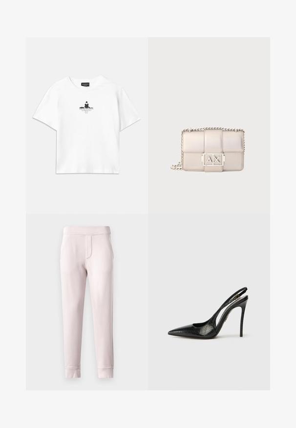 Valkoinen puuvillapaita, jossa on rento malli. Paidassa on keskellä musta graafinen printti, joka sisältää tekstiä ja siluetti-tyylisen kuvaston.; Vaate vaaleanpunaiset collegeshortsit pehmeästä materiaalista, joissa on joustava vyötärö, sivutaskut ja ribbireunat nilkoissa.; Musta slingback-korkokenkä, jossa on terävä kärki, teksturoitu käärmeennahkakuosi, stilettokorko ja koristeellinen solki hihnassa.; Beige nahkavuorattu käsilaukku, jossa on hopea ketjuolkaintyyli, nelikulmainen muoto ja näkyvä AX-logo-osa.