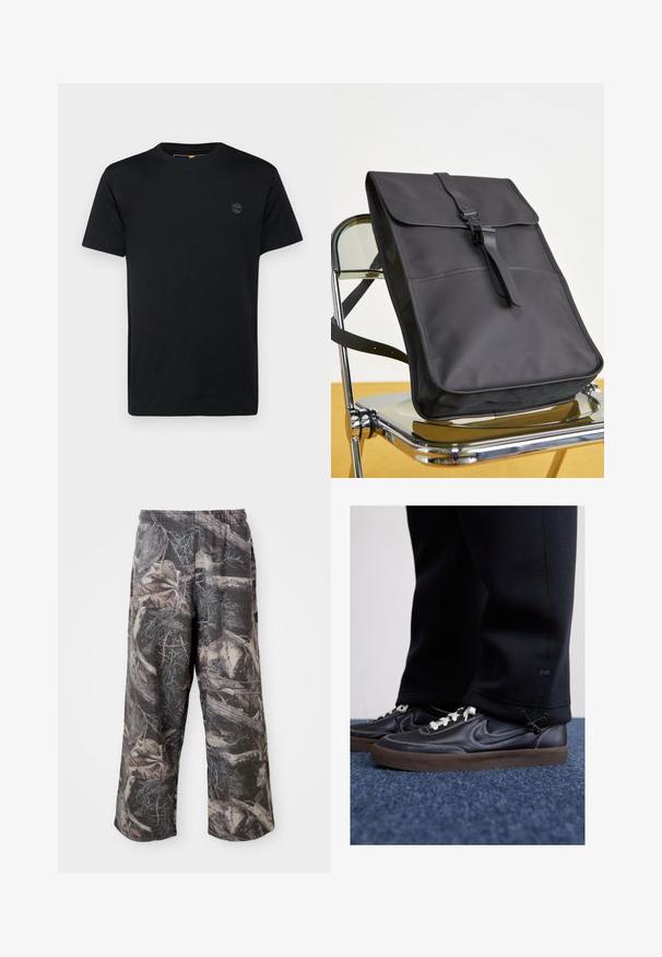 Juodas medvilninis marškinėliai su apvalia iškirpte, trumpomis rankovėmis ir mažai, siuvinėta logotipu krūtinėje. Lygus paviršius, klasikinis siluetas.; Kamikadze rašto plačios kelnės su nuosaikia pilka ir ruda spalvų schemomis, elastinga juosmens juosta ir laisva forma, kad būtų pagerintas komfortas ir judrumas.; Nike Sportswear KILLSHOT 2 LTR PRM OPP2 - Sportbačiai - black sail baroque brown mtlc dk grey; Juoda kuprinė su elegantiška, lygiapskirtimo danga, su viršutiniu dangteliu, reguliuojama petneša ir minimalistiniu dizainu. Padėta ant chromuoto kėdės.