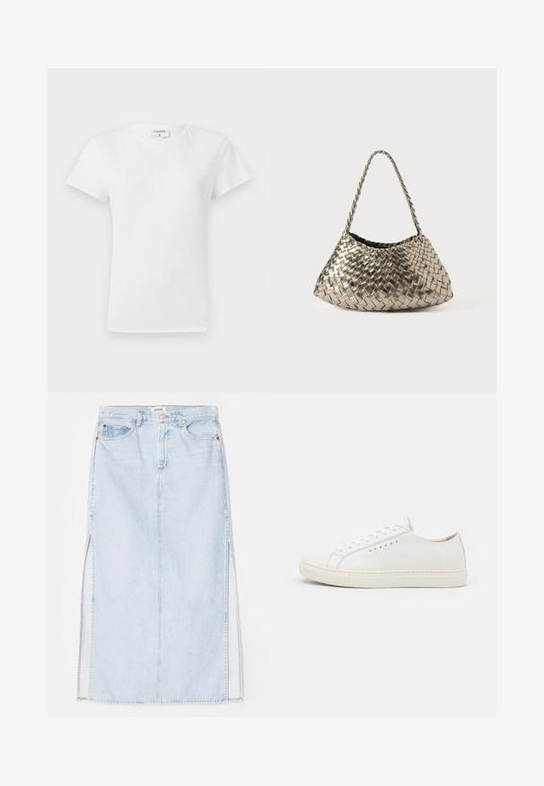 White cotton t-shirt with a crew neckline and short sleeves, featuring a relaxed fit and minimalistic design. Tag visible at the neck.; Light blue denim maxi skirt with a straight cut, featuring side slits and five-pocket design. Prominent stitching and metal button closure.; White leather sneakers with a smooth texture, round toe, minimal eyelets, and a flat rubber sole. Simple design with no additional accents.; Metallic woven handbag with a triangular shape, featuring a braided strap and a velvet-lined interior. Color: silver. Texture: smooth and fabric-like.