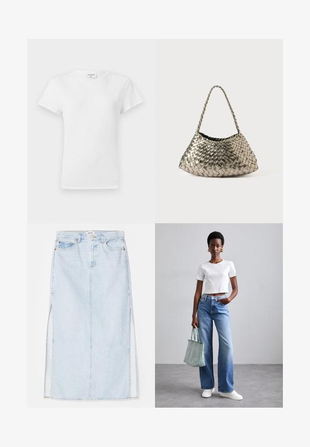 White cotton t-shirt with a crew neckline and short sleeves, featuring a relaxed fit and minimalistic design. Tag visible at the neck.; Light blue denim maxi skirt with a straight cut, featuring side slits and five-pocket design. Prominent stitching and metal button closure.; White ribbed cropped t-shirt, light blue wide-leg jeans, and white sneakers. Holding a green and white striped tote bag.; Metallic woven handbag with a triangular shape, featuring a braided strap and a velvet-lined interior. Color: silver. Texture: smooth and fabric-like.
