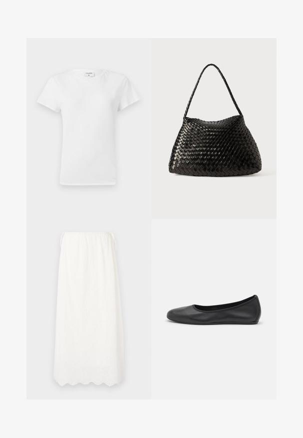 Hvid bomulds t-shirt med rund hals og korte ærmer, præsenteret i et afslappet fit og minimalistisk design. Etiketten er synlig ved halsen.; DESIGNERS REMIX LUNA MAXI SKIRT - Maxinederdele - cream; Sort læderballetsko med rund tå, glat tekstur, minimal syning og et fleksibelt såldesign.; Sort vævet læderhåndtaske med en buet, blød form og en enkelt flettet rem, prydet med en glat overflade og et indviklet mønster.
