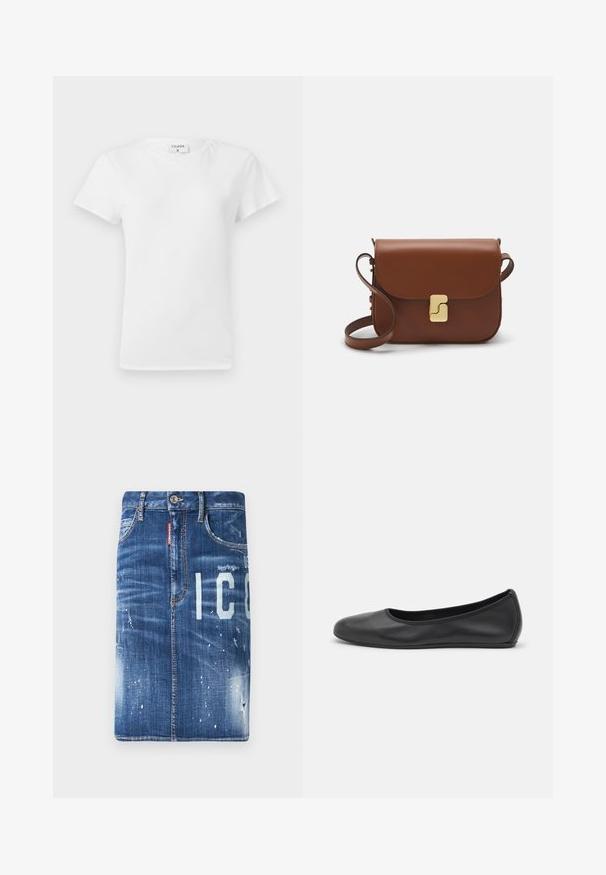 T-shirt en coton blanc avec un col rond et des manches courtes, présentant une coupe décontractée et un design minimaliste. Étiquette visible au niveau du cou.; Jupe en denim bleu foncé avec des détails usés, des taches blanches décolorées et des lettres imprimées. Caractéristiques d'une taille standard et d'une fermeture éclair.; Ballerines en cuir noir avec un bout rond, texture lisse, détails de couture minimalistes et design de semelle flexible.; Sac à main en cuir marron avec une fermeture à rabat, des accents en métal doré, une bandoulière et une texture lisse. Forme rectangulaire compacte.