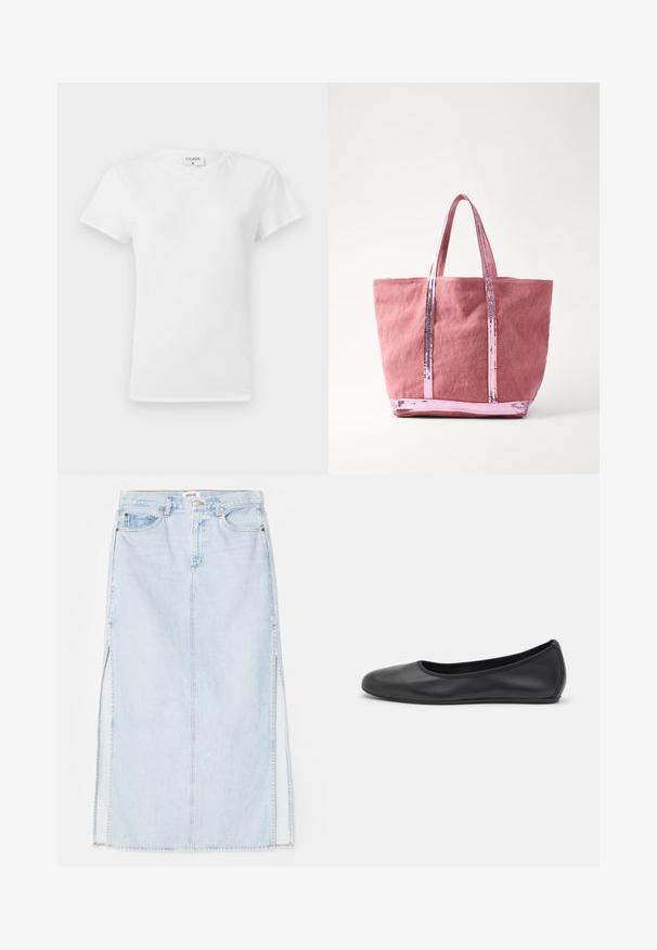 Weißes Baumwoll-T-Shirt mit Rundhalsausschnitt und kurzen Ärmeln, das einen lockeren Sitz und ein minimalistisches Design aufweist. Etikett am Hals sichtbar.; Hellblaue Jeans-Maxi-Rock mit geradem Schnitt, ausgestattet mit seitlichen Schlitzen und einem Fünf-Taschen-Design. Auffällige Nähte und Metallschnappverschluss.; Schwarze Leder-Ballettschuhe mit abgerundeter Spitze, glatter Textur, minimalen Nähdetails und einem flexiblen Sohlen-Design.; Vanessa Bruno CABAS - Shopping Bag - grenat