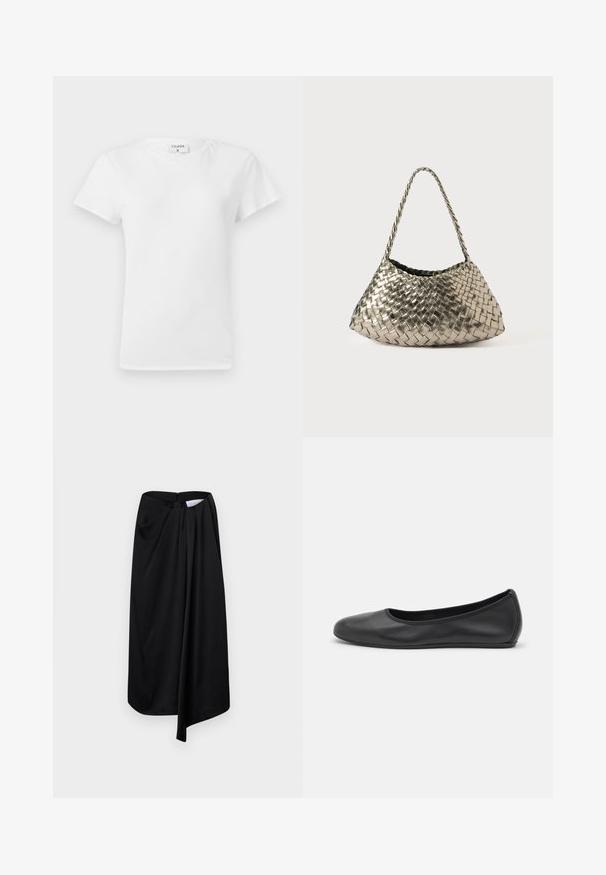 T-shirt de algodão branco com decote redondo e mangas curtas, apresentando um corte relaxado e um design minimalista. Etiqueta visível no pescoço.; Saia preta feita de tecido suave, com um design envolvente, detalhes drapeados e um fecho lateral escondido.; Bailarina preta em pele com bico arredondado, textura suave, detalhe de costura minimalista e design de sola flexível.; Bolsa metálica trançada com forma triangular, apresentando uma alça trançada e um interior forrado a veludo. Cor: prata. Textura: suave e semelhante a tecido.