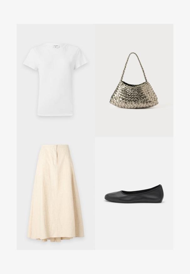 Balts kokvilnas T-krekls ar apaļu kakla izgriezumu un īsām piedurknēm, tam ir brīvs piegriezums un minimālistisks dizains. Vēl redzama birka pie kakla.; Bežs lina midi svārki ar izplestu formu, centrālo šuvi un dekoratīvu pogu jostas daļā. Gluda tekstūra un viegla auduma.; Melna ādas baleta kurpe ar noapaļotu purngalu, gludu tekstūru, minimālu šuvju detalizāciju un elastīgu zoles dizainu.; Metālisks austs rokassoma ar trīsstūrveida formu, aprīkota ar pīti siksnu un samta oderi. Krāsa: sudraba. Tekstūra: vienmērīga un auduma līdzīga.