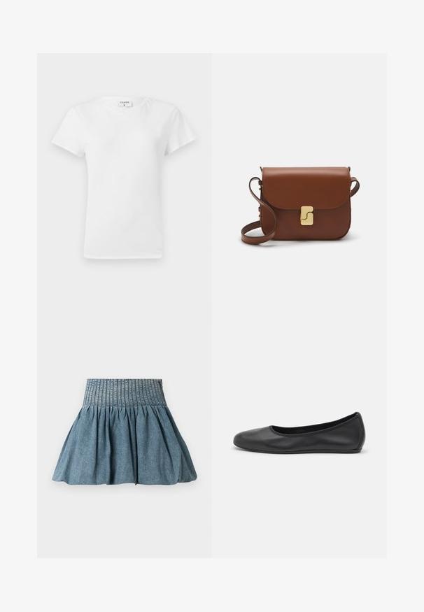 Baltos medvilnės T-marškinius su apvalia iškirpte ir trumpomis rankovėmis, pasižyminčiais laisvu krovu ir minimalizmo dizainu. Etiketė matoma prie kaklo.; Džinsinė sijonas su susiraukšlėjusiu tekstūru, turintis platų elastinį juosmenį. Spalva yra šviesiai mėlyna su švelniu, lygiu paviršiumi.; Juodai odiniai baletai su apvaliu pirštu, lygi texture, minimalus siuvimo detales ir lanksčiu padų dizainu.; Ruda odinė rankinė su uždaromu dangteliu, aukso spalvos detalėmis, petneša ir lygiu paviršiumi. Kompaktiška stačiakampio formos.