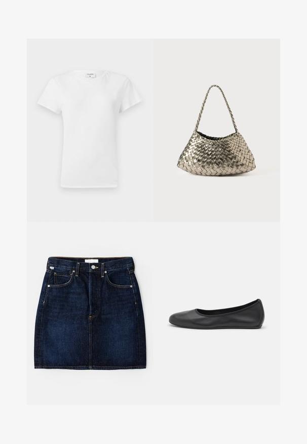 Baltos medvilnės T-marškinius su apvalia iškirpte ir trumpomis rankovėmis, pasižyminčiais laisvu krovu ir minimalizmo dizainu. Etiketė matoma prie kaklo.; Tamsiai mėlyna džinsinė sijonas su penkių kišenių dizainu, auksinėmis siūlėmis ir klasikiniu siluetu. Yra mygtukų užsegimas ir diržo kilpos.; Juodai odiniai baletai su apvaliu pirštu, lygi texture, minimalus siuvimo detales ir lanksčiu padų dizainu.; Metalinė pintinė rankinė trikampio formos, su pintu dirželiu ir aksominiu pamušalu. Spalva: sidabrinė. Tekstūra: lygi ir kaip audinys.