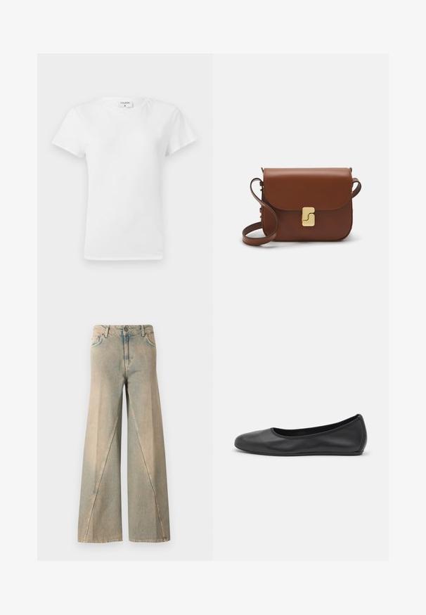 Weißes Baumwoll-T-Shirt mit Rundhalsausschnitt und kurzen Ärmeln, das einen lockeren Sitz und ein minimalistisches Design aufweist. Etikett am Hals sichtbar.; Hellblaue weite Jeans aus Denim. Sie haben eine hohe Taille, Vorderseitentaschen und ein markantes Nahtmuster entlang der Beine.; Schwarze Leder-Ballettschuhe mit abgerundeter Spitze, glatter Textur, minimalen Nähdetails und einem flexiblen Sohlen-Design.; Braune Ledertasche mit Klappenverschluss, Beschlägen in Goldfarbe, einem Schultergurt und einer glatten Oberfläche. Kompakte rechteckige Form.