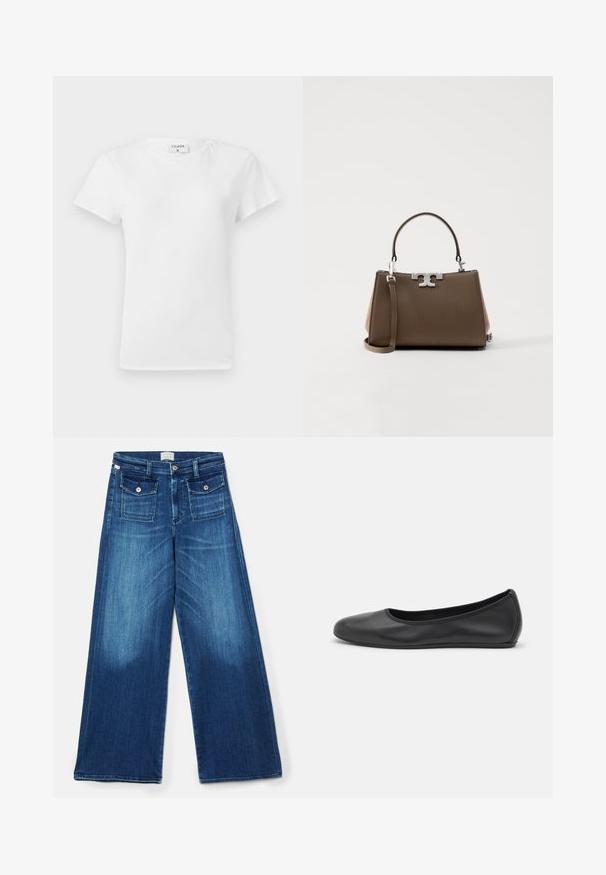 Valkoinen puuvillapaita, jossa on pyöreä kaula-aukko ja lyhyet hihat, rento malli ja minimalinen muotoilu. Tuotetunnus näkyvissä kaulassa.; Laivavärvilised laiad lõikega teksad. Omavad viit taskut, hõbedast riistvara ja sujuvat tekstuuri. Kangas näitab kerget pleekimist.; Musta nahkainen ballerina, jossa on pyöristetty kärki, sileä pinta, minimaalinen ommelkoristelu ja joustava pohjamuotoilu.; Ruskean nahkalaukku, jossa on jämäkkä muoto, hopeanväriset yksityiskohdat ja kaksoiskahvat. Edessä on logo koristeena ja irrotettava hihna.