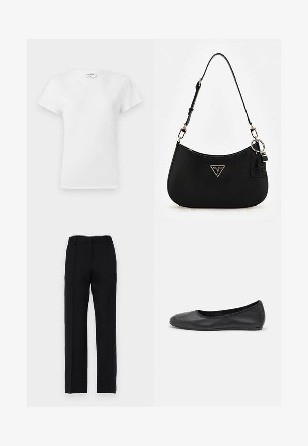 Fehér pamut póló kerek nyakkivágással és rövid ujjal, laza fazonban és minimalista dizájnnal. A címke látható a nyakán.; Fekete, szabott nadrág egyenes szárkialakítással, elöl gyűrődésekkel és lapos derékkal. Simább, texturált anyagból készült.; Fekete bőr balettcipő lekerekített orral, sima tekstúrával, minimális varrással és rugalmas talp kialakítással.; Fekete szintetikus válltáska ívelt sziluettel, texturált kivitelezéssel, arany háromszög logóval és levehető kiegészítőkkel.