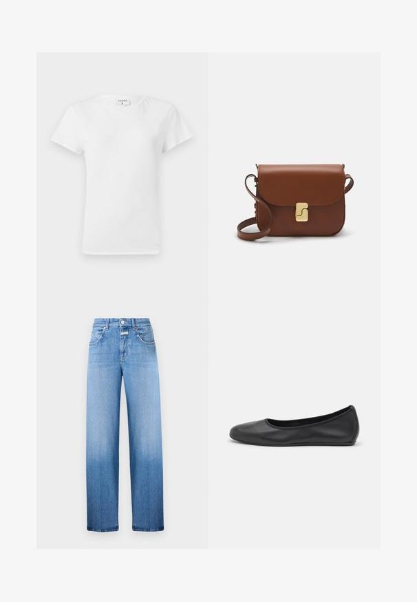 Camiseta blanca de algodón con cuello redondo y mangas cortas, que presenta un corte relajado y un diseño minimalista. Etiqueta visible en el cuello.; Jeans de mezclilla azul claro con un diseño de pierna ancha, que presentan un ligero degradado de más claro a más oscuro en el dobladillo, estilo de cinco bolsillos y cinturilla.; Bailarina de piel negra con punta redondeada, textura suave, detalle de costura minimalista y diseño de suela flexible.; Bolso de mano de cuero marrón con cierre de solapa, herrajes en tono dorado, correa para el hombro y una textura suave. Forma rectangular compacta.