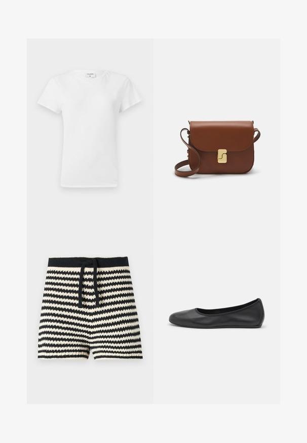 Biała bawełniana koszulka z okrągłym dekoltem i krótkim rękawem, o luźnym kroju i minimalistycznym designie. Metka widoczna na szyi.; CLOSED - Szorty; Czarne skórzane baletki z zaokrąglonym noskiem, gładką fakturą, minimalnymi przeszyciami i elastycznym designem podeszwy.; Brązowa skórzana torebka na ramię z klapką, złotymi detalami, paskiem na ramię i gładką teksturą. Kompaktowy prostokątny kształt.