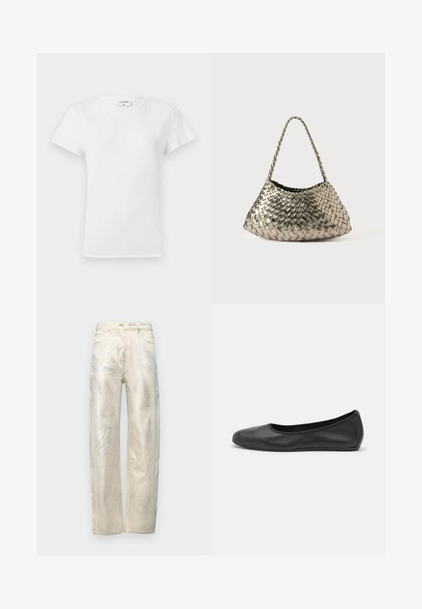 Weißes Baumwoll-T-Shirt mit Rundhalsausschnitt und kurzen Ärmeln, das einen lockeren Sitz und ein minimalistisches Design aufweist. Etikett am Hals sichtbar.; Helle beigefarbene weite Jeans mit metallischem Glanz, gefertigt aus Denim mit einer glatten Textur und dem klassischen Fünf-Taschen-Design.; Schwarze Leder-Ballettschuhe mit abgerundeter Spitze, glatter Textur, minimalen Nähdetails und einem flexiblen Sohlen-Design.; Metallisch gewebte Handtasche in dreieckiger Form, mit einem geflochtenen Träger und einem mit Samt ausgekleideten Innenraum. Farbe: Silber. Textur: glatt und stoffartig.