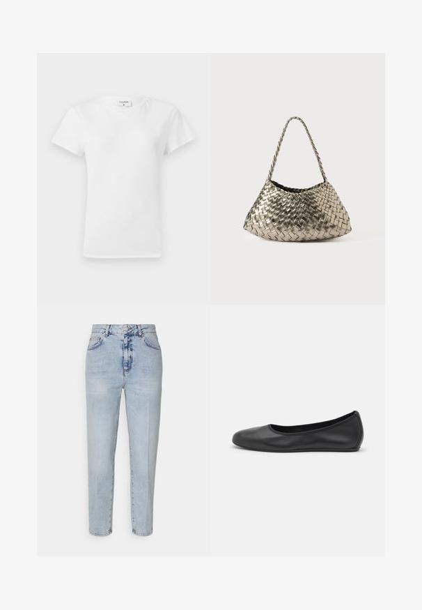 Bijela pamučna majica s okruglim izrezom i kratkim rukavima, s opuštenim krojem i minimalističkim dizajnom. Oznaka vidljiva na vratu.; Svijetloplave traperice s visokim strukom, ravnog kroja, vidljivim prednjim džepovima i ispranim izgledom. Prisutne su šavove i detalji dugmeta.; Crne kožne baletanke s zaobljenim vrhom, glatke teksture, minimalnim detaljima šavova i fleksibilnim dizajnom potplata.; Metalna tkanina torba s trokutastim oblikom, s pletenom trakom i unutrašnjošću obloženom baršunom. Boja: srebrna. Tekstura: glatka i tkaninska.