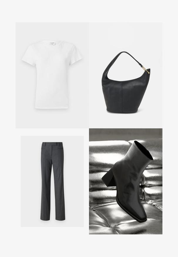 Hvid bomulds t-shirt med rund hals og korte ærmer, præsenteret i et afslappet fit og minimalistisk design. Etiketten er synlig ved halsen.; Grå skræddersyede bukser, lige snit, lavet af et glat stof. Har to forlommer og flad frontdesign.; Sorte ankelstøvler lavet af glossy materiale med firkantet tå og spidse hæle, sat mod en skinnende sølv tuftet baggrund.; Sort læderhandtaske med en rund form, bred rem og textured finish. Har en subtil sømdetalje og en hardware i gyldent tone.