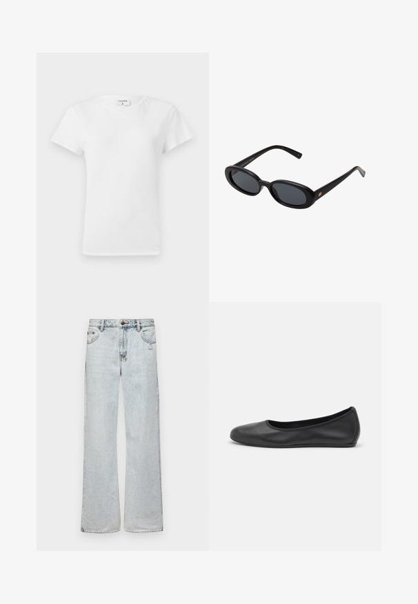 Tricou alb din bumbac, cu guler rotund și mâneci scurte, având o croială lejeră și un design minimalistic. Eticheta este vizibilă la gât.; Jeans largi de culoare bleu deschis, confecționați din denim, având un design clasic cu cinci buzunare, închidere cu buton și detalii subtile de îmbătrânire.; Balerini din piele neagră, cu vârf rotund, textură netedă, detalii de cusătură minimale și un design al tălpii flexibil.; Ochelari de soare supradimensionați, cu lentile ovale, cadru din plastic neted și accente aurii pe brațe. Lentilele întunecate oferă protecție solară.; Geantă de umăr din piele maro cu o formă curbată, accesorii din aur, detaliu cu clip superior și un accent cu logo. Textură netedă cu margini cusute.