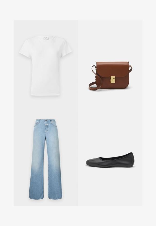 Vit bomulls t-shirt med rundad halsringning och korta ärmar, med en avslappnad passform och minimalistisk design. Etikett synlig vid nacken.; Ljust blå vida jeans i denim med hög midja, fem fickor och knappstängning. Slät textur med urblekta detaljer.; Svart läderballerinaskor med rund tå, slät yta, minimala söm detaljer och en flexibel sula.; Brun läderhandväska med klaffstängning, guldfärgad hårdvara, axelrem och en slät yta. Kompakt rektangulär form.