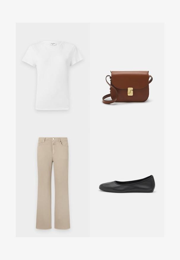 White cotton t-shirt with a crew neckline and short sleeves, featuring a relaxed fit and minimalistic design. Tag visible at the neck.; Beige flared jeans made of soft cotton. Features a classic five-pocket design, button closure, and neat stitching along the edges.; Black leather ballet flat with a rounded toe, smooth texture, minimal stitching detail, and a flexible sole design.; Brown leather handbag with a flap closure, gold-tone hardware, a shoulder strap, and a smooth texture. Compact rectangular shape.