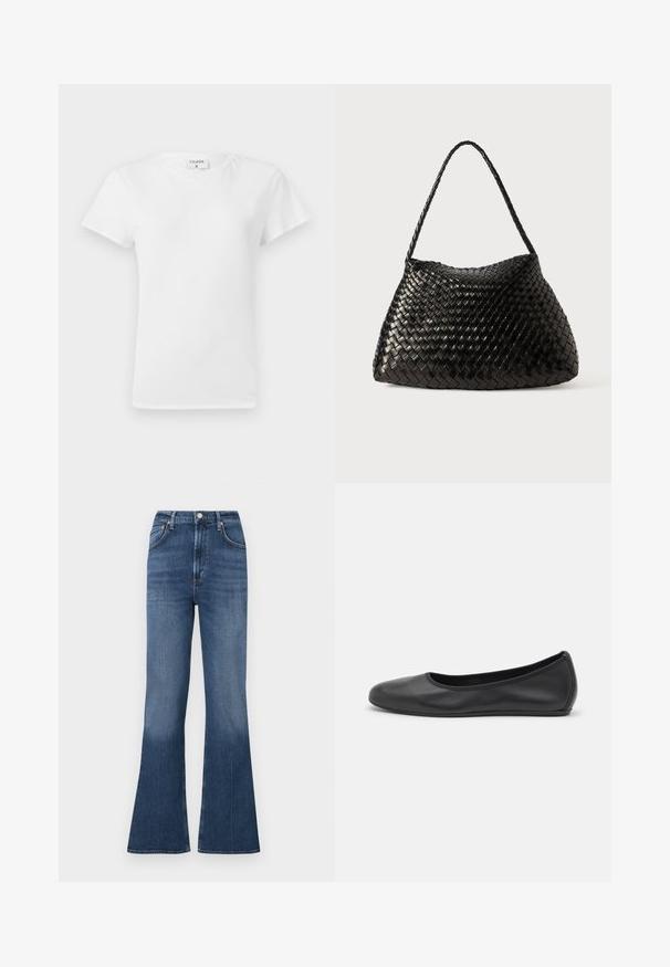 White cotton t-shirt with a crew neckline and short sleeves, featuring a relaxed fit and minimalistic design. Tag visible at the neck.; Flared jeans made of blue denim with a high waist. Features five pockets, a button closure, and subtle fading at the hem.; Black leather ballet flat with a rounded toe, smooth texture, minimal stitching detail, and a flexible sole design.; Black woven leather handbag with a curved, soft shape and a single braided strap, featuring a smooth texture and an intricate pattern.