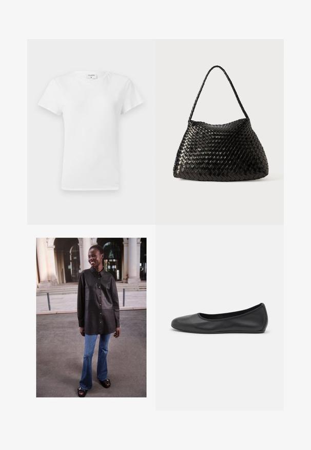 Hvid bomulds t-shirt med rund hals og korte ærmer, præsenteret i et afslappet fit og minimalistisk design. Etiketten er synlig ved halsen.; Sort læderskjorte med knaplukning, krave-design og forlommer, parret med udvidede blå denimjeans og sorte sandaler.; Sort læderballetsko med rund tå, glat tekstur, minimal syning og et fleksibelt såldesign.; Sort vævet læderhåndtaske med en buet, blød form og en enkelt flettet rem, prydet med en glat overflade og et indviklet mønster.