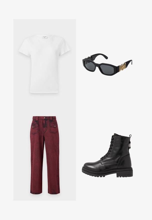 Valkoinen puuvillapaita, jossa on pyöreä kaula-aukko ja lyhyet hihat, rento malli ja minimalinen muotoilu. Tuotetunnus näkyvissä kaulassa.; Punaiset denimpantsit, joissa on haalistunut pinta, suorapahtiset malli, etutaskut ja istuva vyötärö. Mustat ompeleet korostavat yksityiskohtia.; Musta nahkasaapas nilkkamittaisella varrella, pyöreällä varpaan osalla, nauhakiinnityksellä ja kuvioidulla kumipohjalla. Takana on vetonauha ja vahvistetut saumat.; Mustat aurinkolasit, joissa on paksu geometrinen runko, tummat linssit ja kultaiset metallikoristeet temppeleissä, joissa on pyöreä symboliyksityiskohta.; COACH TABBY SHOULDER BAG 26 - Käsilaukku - dark stone