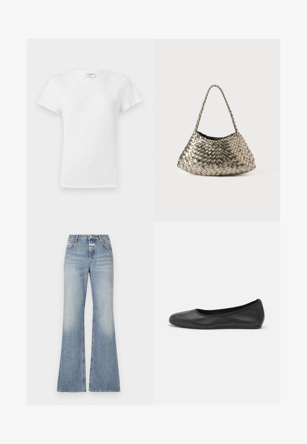 Camiseta blanca de algodón con cuello redondo y mangas cortas, que presenta un corte relajado y un diseño minimalista. Etiqueta visible en el cuello.; Jeans acampanados de color azul claro en material de mezclilla, con cintura alta, ligero desgastado en la parte frontal y dobladillo sin rematar en las piernas.; Bailarina de piel negra con punta redondeada, textura suave, detalle de costura minimalista y diseño de suela flexible.; Bolso de mano metálico tejido con forma triangular, cuenta con una correa trenzada y un interior forrado de terciopelo. Color: plata. Textura: suave y similar a tela.