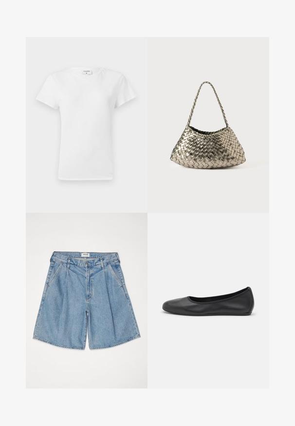 White cotton t-shirt with a crew neckline and short sleeves, featuring a relaxed fit and minimalistic design. Tag visible at the neck.; Light blue denim shorts with a relaxed fit, featuring a high waist, side pockets, and a button closure. Faded texture throughout.; Black leather ballet flat with a rounded toe, smooth texture, minimal stitching detail, and a flexible sole design.; Metallic woven handbag with a triangular shape, featuring a braided strap and a velvet-lined interior. Color: silver. Texture: smooth and fabric-like.