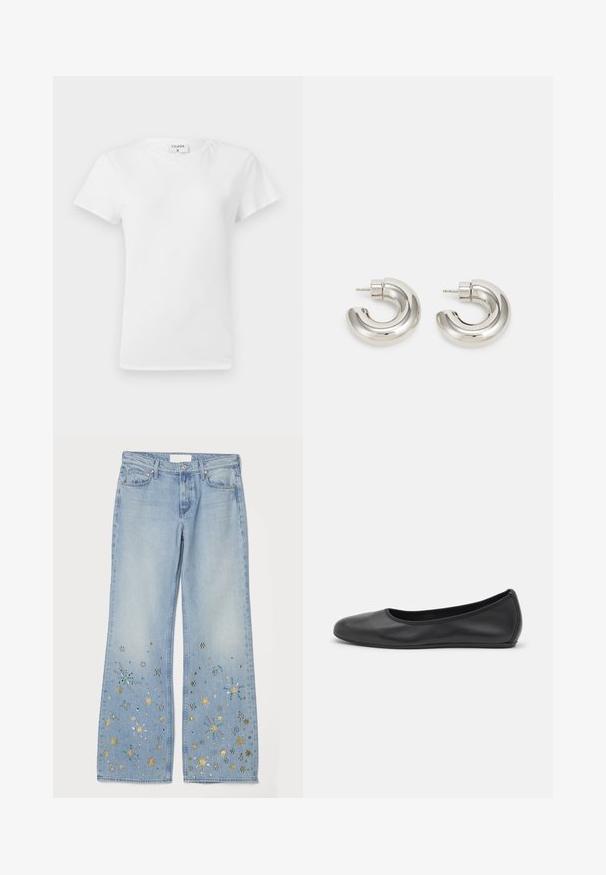 Vit bomulls t-shirt med rundad halsringning och korta ärmar, med en avslappnad passform och minimalistisk design. Etikett synlig vid nacken.; Ljust blå vida jeans med dekorativa utsmyckningar, som har metalliska guld-, silver- och turkosa stjärnmönster nära fållarna.; Svart läderballerinaskor med rund tå, slät yta, minimala söm detaljer och en flexibel sula.; Silver-tonade hoopörhängen med en slät, böjd design och texturerad yta, som har en studpost för fäste.