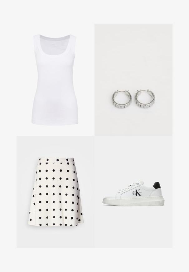 Witte mouwloze tanktop van gladde stof, met een ronde halslijn en een getailleerde snit. Geen zichtbare patronen of accenten.; Marc Cain A-lijn rok - white/black; Witte lage sneaker met zwarte hiel tab, plateauzool, veters en Calvin Klein "CK" logo aan de zijkant.; Zilveren hoepel oorbellen met een textuurontwerp dat verticale ribbels heeft. Cirkelvormig met een veilige sluiting. Gladde afwerking.
