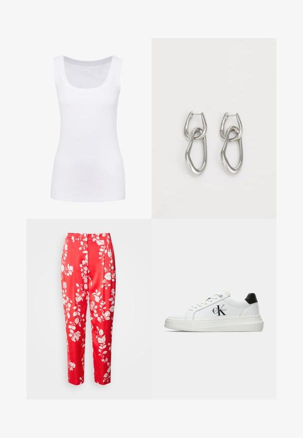 White sleeveless tank top made of smooth fabric, featuring a rounded neckline and a fitted silhouette. No visible patterns or accents.; Red trousers made from smooth fabric featuring a white floral pattern. They have a tailored fit with a high waist and cropped length.; White low-top sneaker with black heel tab, platform sole, laces, and Calvin Klein "CK" logo on the side.; Calvin Klein STATEMENT LINKS - Earrings - silver-coloured