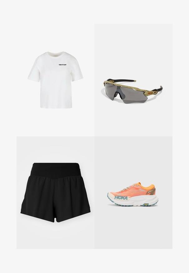 Valge lühikeste varrukatega T-särk, mis on valmistatud puuvillast, ümmarguse kaelusega ja mille ees on musta värviga trükitud tekst "TAKE IT EASY".; Mustad mustrus lühikesed püksid, millel on lai ja sile vöökoht, lahti voolav kangas A-joone kujuliselt ning külgvahesid, et parandada liikuvust.; Kollane ja roosa jooksujalats, millel on silmaga pealmine osa, valge vaheosa, Vibrami välistald ja helesinised aktsendid. Küljes on HOKA brändimine.; Spordiprillid rohelise mustriga raami, mustade käepidemete ja hallide läätsedega. Disain sisaldab ümber pead kulgevat stiili ja julget, sportlikku kuju.
