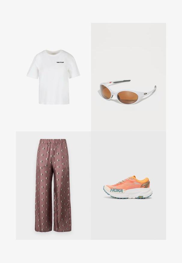 Biała koszulka z krótkim rękawem, wykonana z bawełny, z okrągłym dekoltem i napisem "TAKE IT EASY" wydrukowanym na przodzie w kolorze czarnym.; MM - Spodnie materiałowe; Pomarańczowe i różowe buty biegowe z siateczkową cholewką, białą podeszwą środkową, podeszwą Vibram oraz jasnoniebieskimi akcentami. Zawierają logo HOKA na boku.; Białe okulary przeciwsłoneczne z brązowymi soczewkami, owalny kształt, wykonane z gładkiego plastiku, z szarymi akcentami na zausznikach i logo na oprawce.
