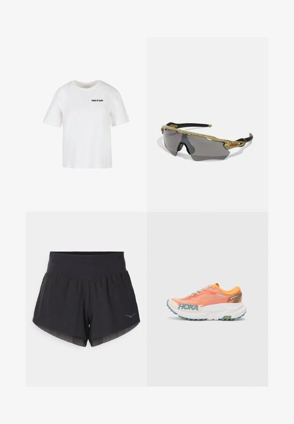 Valge lühikeste varrukatega T-särk, mis on valmistatud puuvillast, ümmarguse kaelusega ja mille ees on musta värviga trükitud tekst "TAKE IT EASY".; Mustad must jooksu lühikesed püksid laia vöökoht, kihilise disainiga ja peegeldava logoga aktsendiga alla ääres. Valmistatud kergeist ja hingavatest kangast.; Kollane ja roosa jooksujalats, millel on silmaga pealmine osa, valge vaheosa, Vibrami välistald ja helesinised aktsendid. Küljes on HOKA brändimine.; Spordiprillid rohelise mustriga raami, mustade käepidemete ja hallide läätsedega. Disain sisaldab ümber pead kulgevat stiili ja julget, sportlikku kuju.