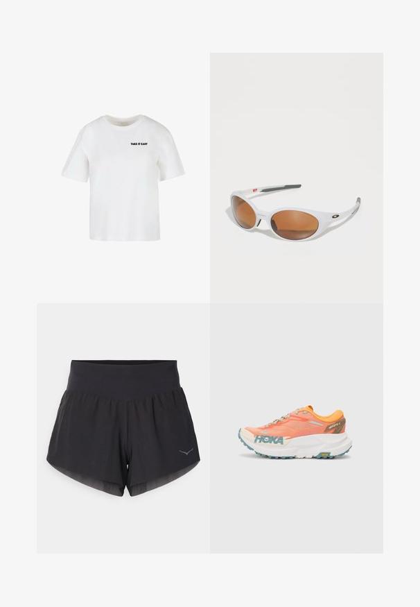 Camiseta blanca de manga corta hecha de algodón, con un escote redondo y el texto "TAKE IT EASY" impreso en negro en el frente.; Pantalones cortos de running negros con una cinta ancha en la cintura, un diseño en capas y un acento de logo reflectante en el dobladillo. Elaborados con una tela ligera y transpirable.; Zapatilla de correr en naranja y rosa con parte superior de malla, entresuela blanca, suela Vibram y detalles en azul claro. Presenta la marca HOKA en el lateral.; Gafas de sol blancas con lentes marrones, en forma ovalada, hechas de plástico suave, con detalles grises en las patillas y un logo en el armazón.