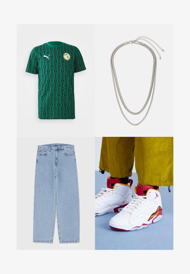 Zelena majica kratkih rukava od tekstila s geometrijskim crnim uzorkom, s Puma logotipom i kružnim amblemom na prsima.; Svijetloplave traperice s ravnim nogavicama, sa srednjim strukom, pet džepova i zatvaranjem na dugme i patentni zatvarač.; Bijele atletske tenisice s crvenim i narančastim detaljima, s perforiranim detaljima i živopisnom grafikom na međusoli.; Necklace od tri sloja srebrnog metala s elegantnim, fleksibilnim lančićima blagog sjaja, zatvoren s karabinera i prilagodljivim lančićem.