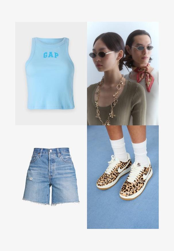 Helehall sinine ribatreeritud käisteta T-särk ümmarguse kaelusega ning julge "GAP" logoga, millel on istuv lõige ja sirge serv.; Levi's® 501® MID THIGH - Lühikesed teksad - denim; Leopardi prindiga Nike Air Force 1 tossud valgete paelte ja swooshiga, millel on beež kummist välistald ja tekstureeritud pealismaterjal. Näha on valged sokid.; Ümmargused prillid tumedate läätsede ja õhukeste hõbedaste raamidega. Ühel inimesel on kaelas kuldne kett, samas kui teisel on peal punase mustriga sall.