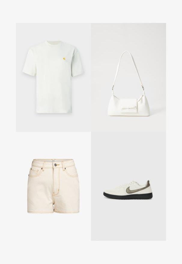 White short-sleeve crew neck t-shirt with a small yellow logo on the left chest, displayed against a plain background.; Beige denim shorts with a high waist, featuring contrasting yellow stitching, front pockets, and a branded metal button closure.; Nike Sportswear FIELD GENERAL - Trainers - off-white/black; White synthetic handbag with a triangular shape, flat front flap and bow detail, adjustable strap, smooth texture, and minimalistic design.