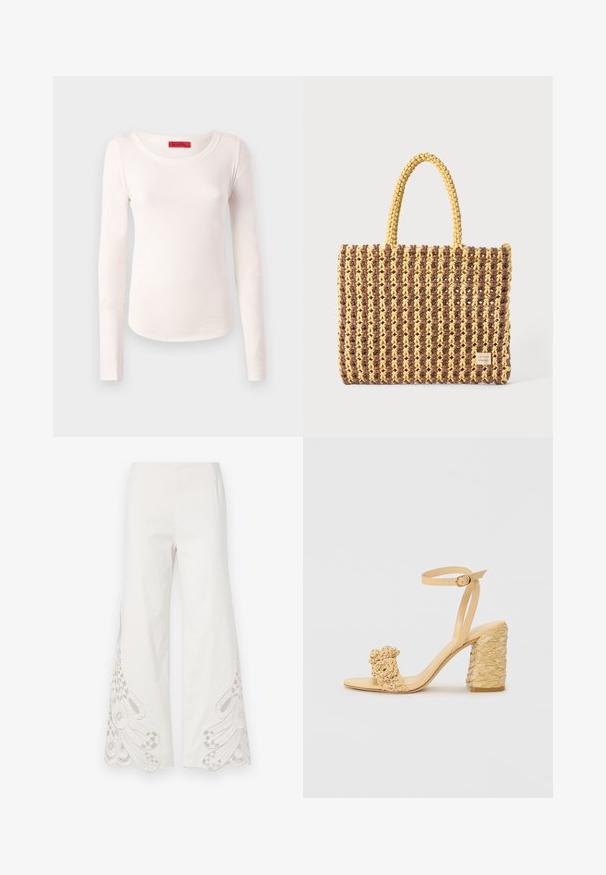 Hosszú ujjú felső puha, könnyű, krémfehér anyagból. Kerek nyakkivágással és karcsú fazonnal rendelkezik, minimális varrási részletekkel.; Fehér szövetből készült bőszárú nadrág, amelyet bonyolult bézs hímzési minták díszítenek, az alsó szegélyek pedig fodrosak.; Bézs színű magassarkú szandál fonott textúrával, díszítő virággal és bokapánttal. A négyzet alakú sarok stabilitást biztosít.; Barna és sárga színű, téglalap alakú, két füles táska, textúrált felülettel, látható varrásokkal és márkacímkével.
