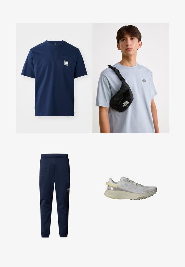 The North Face MOUNTAIN LOGO RELAXED POCKET TEE - T-shirt - bas - summit navy; Mörkblå sweatpants med en slät yta, elastisk midja, ribbade cuffs och en liten vit logotyp på vänster sida.; The North Face ALTAMESA 300 - Löparskor terräng - glacier gray/soapstone; Svart nylon crossbody-väska med justerbar rem, med en framträdande vit logotyp. Bärs över en ljusblå t-shirt. Enkel, funktionell design.