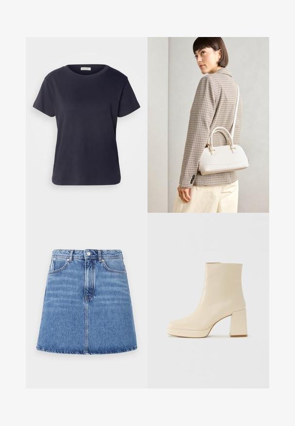 Navy blå bomull T-skjorte med rund hals, korte ermer og en avslappet passform. Glatt struktur og minimalistisk design, ingen synlige mønstre.; Jeanskjørt med en utsvingt A-linjeform, lys blå vask, to forkontakter og en knappelukking i midjen. Synlig sømdetalj.; Beige lærankelstøvlett med blokkhæl og plattformsåle, glatt overflate og lett firkantet tå, vendt mot venstre på hvit bakgrunn.; Hvit strukturert håndveske med korte håndtak og skulderreim, med detaljer i gullfinish og teksturert materiale, vist mot en grå bakgrunn.