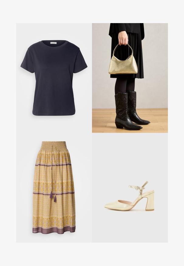 Mornarsko modra bombažna majica s krožno ovratnikom, kratkimi rokavi in sproščenim krojem. Gladka tekstura in minimalistična zasnova, brez vidnih vzorcev.; Rumena maksi krila s elastičnim pasom, floralnimi in geometrijskimi vzorci v beli in vijolični barvi, ki vsebujejo dve vijolični resici na pasu.; Zlata metalna visoka obuća s šiljastim nosom, remenom oko gležnja s kružnim kopčom i dizajnom debljeg potplata. Glatka tekstura.; Zlati torbica z strukturo in ukrivljeno obliko ter kratko ročico, jo drži oseba v črnem nabranem krilu in črnih usnjenih kavbojkah.