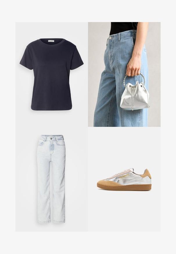 Navy blue cotton T-shirt with a round neckline, short sleeves, and a relaxed fit. Smooth texture and minimalist design, no visible patterns.; Light blue high-waisted jeans with a straight leg fit, made of denim. Features a button fly, five-pocket design, and subtle faded texture.; Silver and tan suede sneaker with a textured rubber sole, beige laces, and a logo printed in yellow on the side.; Metallic silver bucket bag with a textured finish, adorned with a silver round handle and drawstring closure, held against light blue jeans.